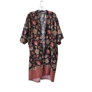 Handmade Indonesia Silk Batik Kimono Robe Floral Duster Black Red Gold OS